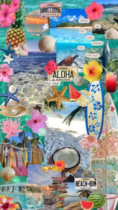 the collage is made up of many different pictures and words, including beach scenes