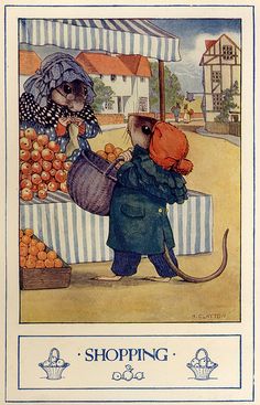 the mouse is trying to buy some oranges from the market stall, with another mouse looking on