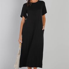 Short Sleeve Midi Dress Imported S.M.L Solid Color, Crew Neckline, Short Sleeves, Two Side Pockets, Midi Length, Relaxed Fit, Unlined, Stretchy, Non-Sheer, Casual, Cute, Trendy, Stylish, Everyday Look 95% Rayon 5% Spandex&Nbsp; Black&Nbsp; Tsh Item Measurements: Size:S Measurements: Size S Length:43"" Waist:42"" Bust:40" Elegant Black Shift Maxi Dress, Black Shift Midi Dress With Short Sleeves, Black Shift Midi Dress, Zara Poplin Dress, Emerald Green Velvet Dress, Dresses Short Sleeve, Short Sleeve Midi Dress, Green Velvet Dress, Color Crew