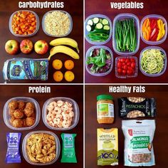 four pictures showing different foods in plastic containers and labeled with the words, healthy meals