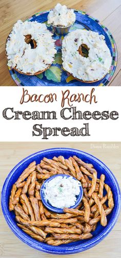 bacon ranch cream cheese spread in a blue bowl with pretzels on the side