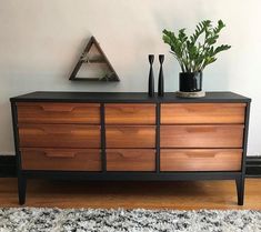 a black and wood dresser with plants on top