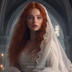 a woman with long red hair wearing a wedding dress and veil in a gothic setting