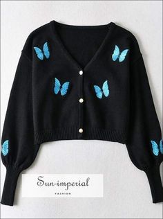 Women White V Neck Blue Butterfly Print Knit Cardigan with Long Balloon Sleeve and Pearl Buttons butterfly print women cardigan Crochet Sweater Design, Imperial Fashion, Animal Clothing, Stylish Winter Outfits, Fashion Top Outfits, Trendy Fashion Tops, Cute Cardigans, Easy Trendy Outfits, Shirts Design