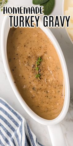 homemade turkey gravy in a white bowl