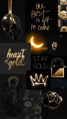 the collage shows different types of gold and black items, such as roses, moon, stars, and other things