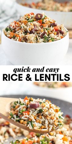 rice and lentils in a white bowl with a wooden spoon on the side text reads quick and easy rice and lentils