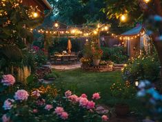 an outdoor patio with lights strung over it and flowers in blooming pots on the ground