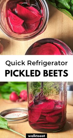 pickled beets in jars with text overlay that reads quick refrigerator pickled beets