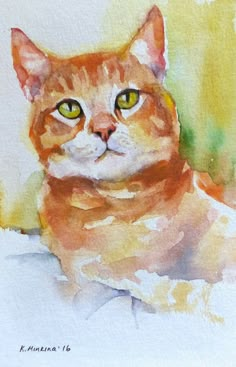 a watercolor painting of a cat with green eyes