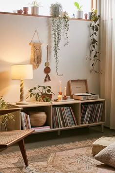 a living room filled with lots of furniture and plants on top of it's shelves