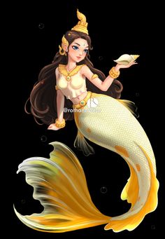 a mermaid with long hair holding a book in her hand and sitting on top of a fish