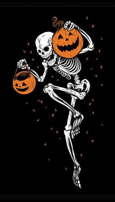 a skeleton holding a jack o lantern