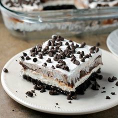 a piece of cake on a plate with chocolate chips and white frosting in the middle