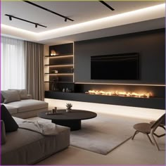 modern living room with fireplace in the center