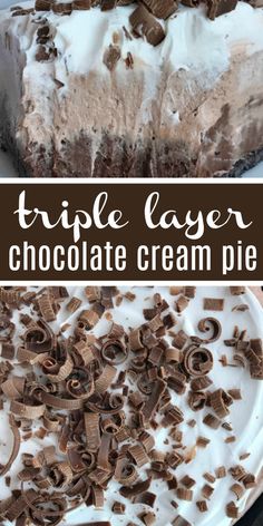 triple layer chocolate cream pie on a white plate