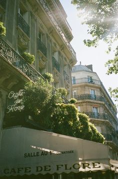 an apartment building with balconies and trees on the balconys in paris, france