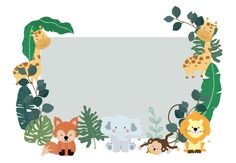 a group of animals and plants surrounding a blank sign with space for your text or image