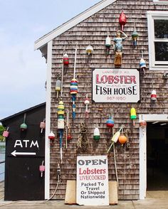 a building with lots of different items on the front and side of it that are attached to each other