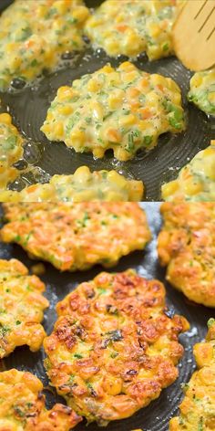 some food is cooking in a skillet on the stove and then being fried with a spatula