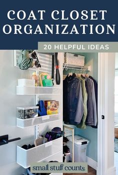 an open closet with clothes hanging on the wall and other items in bins next to it