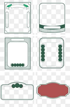 four different types of buttons on a white background, with green and red shapes in the middle