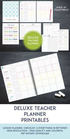 the deluxe teacher planner printables are available in multiple colors and sizes, including blackboard