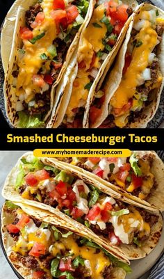 three different types of cheeseburger tacos on a plate with the same toppings