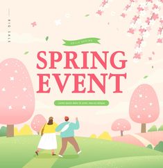 an advertisement for the spring event with two people walking in front of trees and flowers