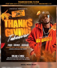 a flyer for a thanksgiving party with an image of a man in orange jacket and sunglasses