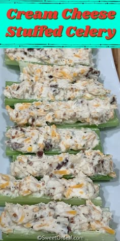 cucumbers filled with cream cheese stuffed celery on a white platter