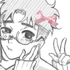 a drawing of a girl with glasses and a pink bow on her head, making the peace sign