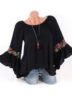 Embroidery Blouses, Floral Frocks, Boho Plus Size, Sleeve Embroidery, Sleeveless Tops Summer, Trumpet Sleeve, Blouse Material, Trendy Plus Size Clothing, Bell Sleeve Blouse