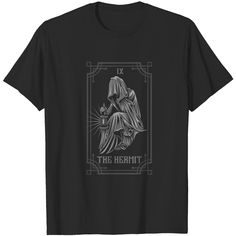 a black t - shirt with an image of the hermit