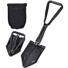 two black shovels and a pouch on a white background