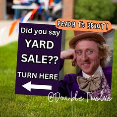 a yard sale sign with an image of a man wearing a top hat and bow tie