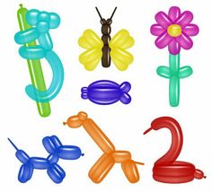 an assortment of balloons in the shape of animals and flowers on a white background with space for text