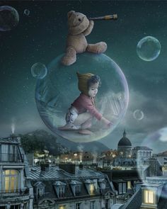 a teddy bear sitting on top of a bubble with bubbles floating over the city below