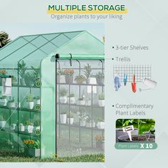 a green house with plants growing inside and attached to the side, labeled multiple storage