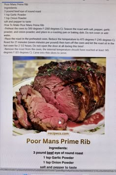 a menu for a prime rib steak on a plate