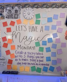 a bulletin board with post - it notes on it that says, let's have a magic monday