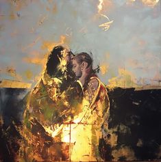 a painting of two people embracing each other