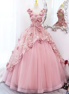 Prom Dress With Flowers, Tulle Long Prom Dress, Beautiful Ball Gowns, Quinceanera Dresses Pink, Dress With Flowers, Fairytale Dress, فستان سهرة