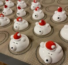 there are many white and red teddy bears in the muffin tins with hats on them