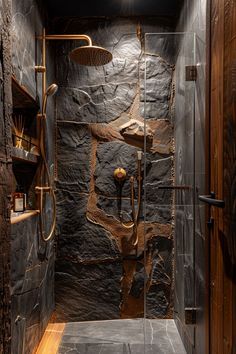 a walk in shower sitting inside of a bathroom next to a wooden door and window