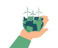 a person's hand holding a green earth with windmills on it