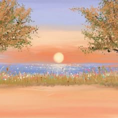 an oil painting of trees and the sun setting over water with grass in foreground