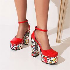 Shop Red Platform Ankle Strap Block Heels Color-Block Heeled Buckle Graffiti Shoes color Red for Dancing Club, Music Festival, Night Club, Party with worldwide Free shipping & Free return. Graffiti Shoes, High Block Heels, Floral Pumps, Red Platform, Color Block Heels, Ankle Strap Block Heel, Womens Mary Janes, Round Toe Pumps, Heels Platform