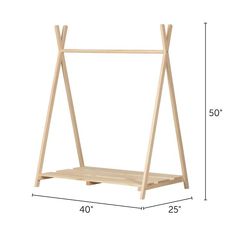 a wooden swing bed frame with measurements for the top and bottom part, including two shelves