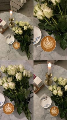 three pictures of white flowers on a table with coffee cups and saucers next to them